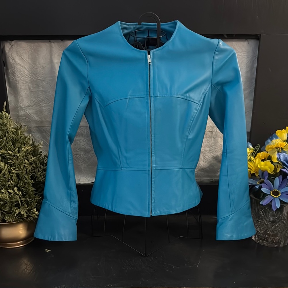 Shape FX Blue Leather Jacket , Peplum Fit with slight bell sleeve